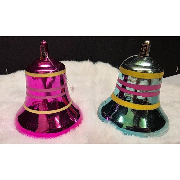 Vintage MCM Metallic Striped Plastic Bradford Christmas Bell Ornaments - Picture 2 of 4